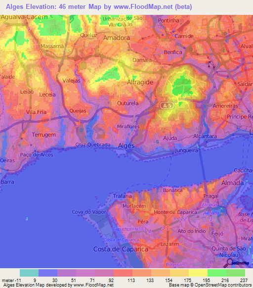Alges,Portugal Elevation Map