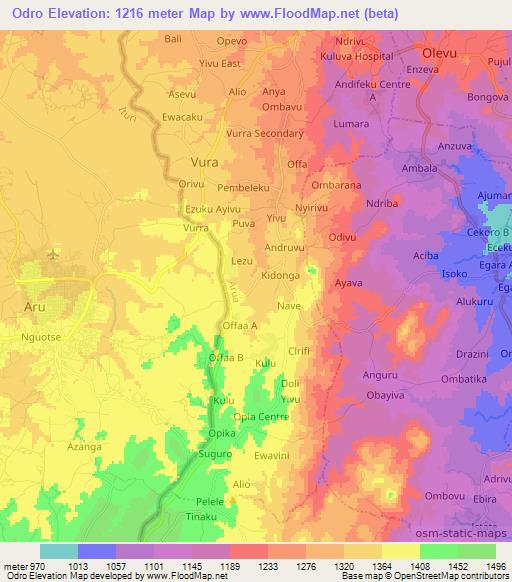 Odro,Uganda Elevation Map