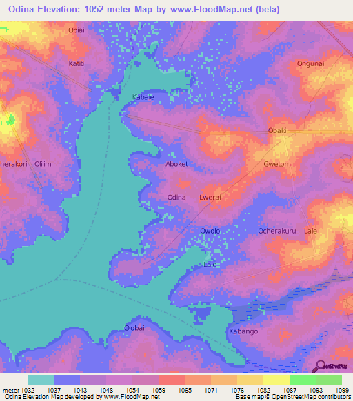 Odina,Uganda Elevation Map