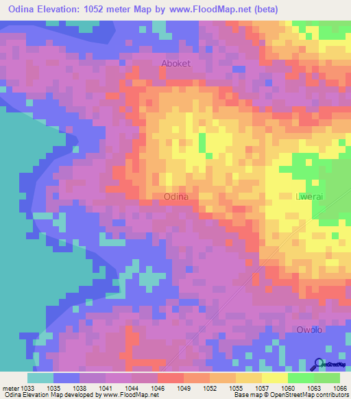 Odina,Uganda Elevation Map