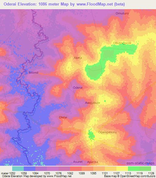 Oderai,Uganda Elevation Map