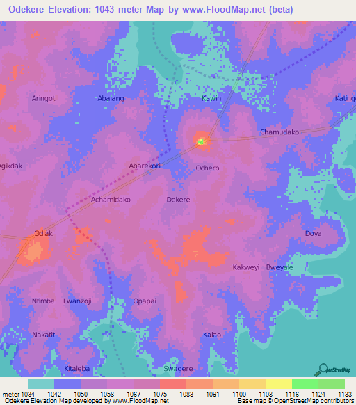 Odekere,Uganda Elevation Map