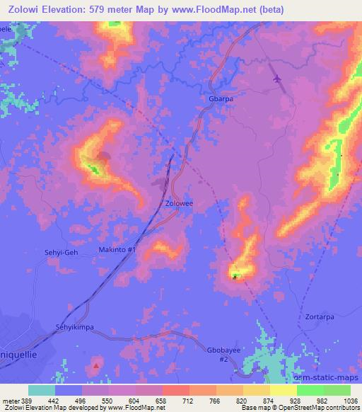 Zolowi,Liberia Elevation Map