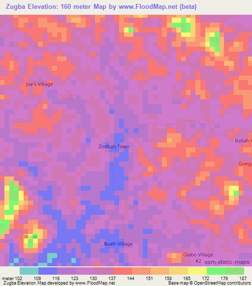 Zugba,Liberia Elevation Map