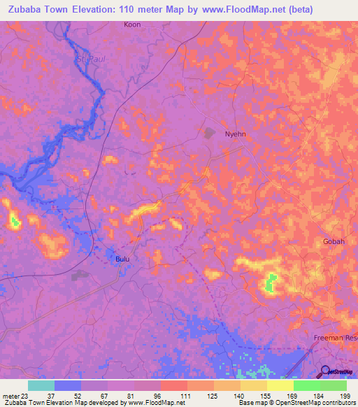 Zubaba Town,Liberia Elevation Map