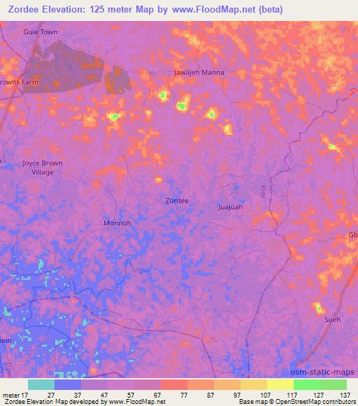 Zordee,Liberia Elevation Map