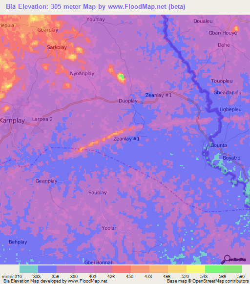 Bia,Liberia Elevation Map