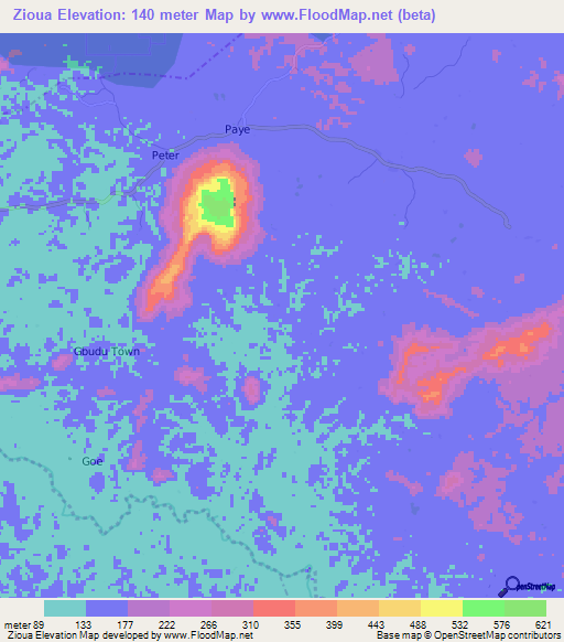 Zioua,Liberia Elevation Map