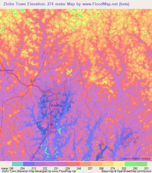 Ziohn Town,Liberia Elevation Map