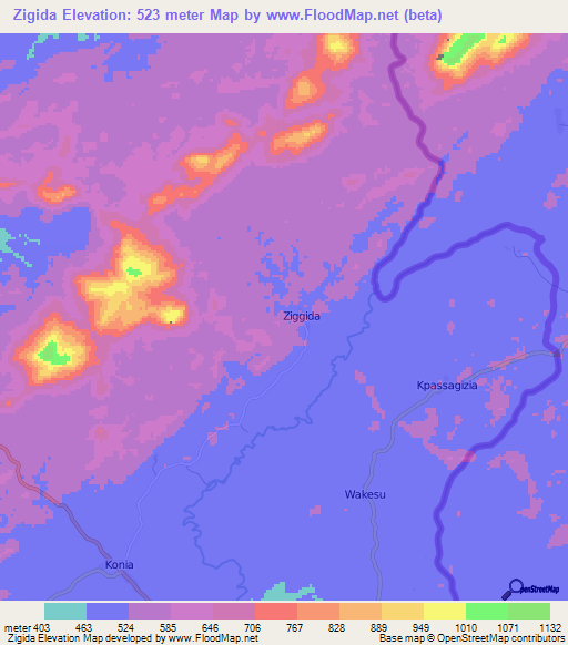 Zigida,Liberia Elevation Map