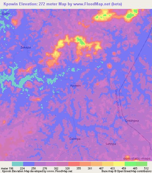 Kpowin,Liberia Elevation Map