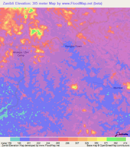 Zanibli,Liberia Elevation Map