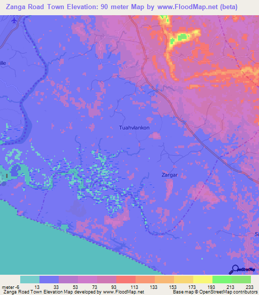 Zanga Road Town,Liberia Elevation Map