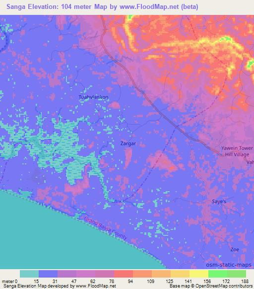 Sanga,Liberia Elevation Map