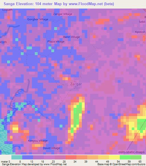 Sanga,Liberia Elevation Map