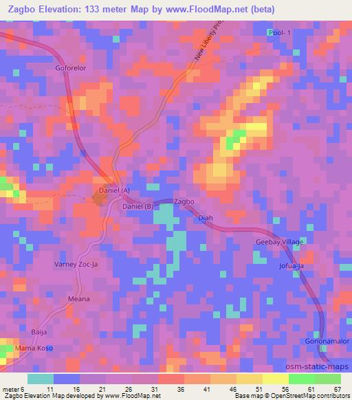 Zagbo,Liberia Elevation Map