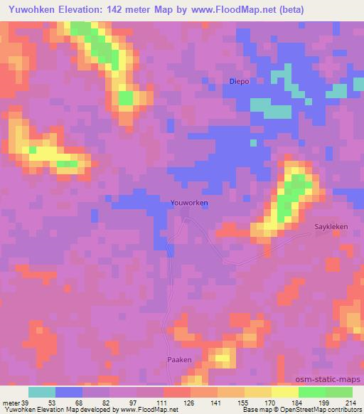 Yuwohken,Liberia Elevation Map