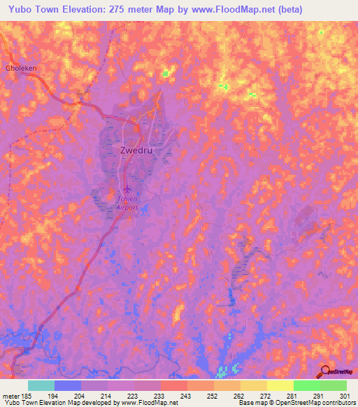 Yubo Town,Liberia Elevation Map