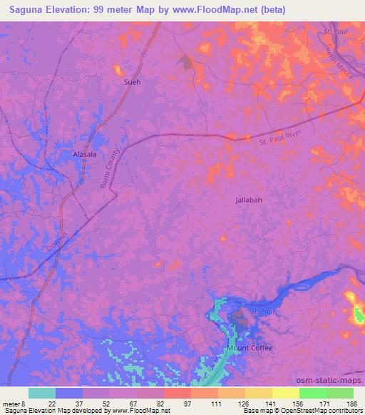 Saguna,Liberia Elevation Map