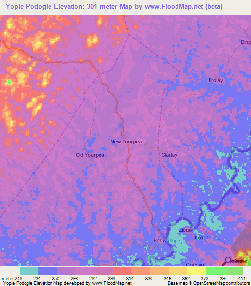 Yopie Podogle,Liberia Elevation Map