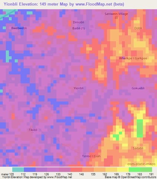 Yionbli,Liberia Elevation Map