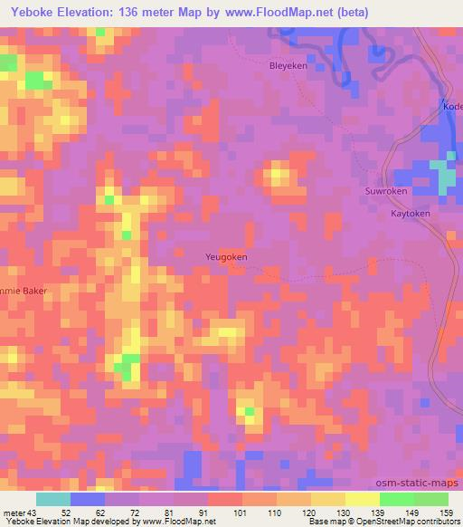 Yeboke,Liberia Elevation Map