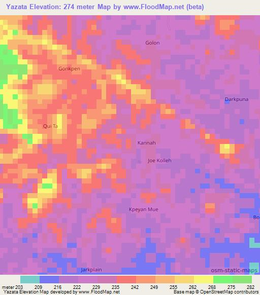 Yazata,Liberia Elevation Map
