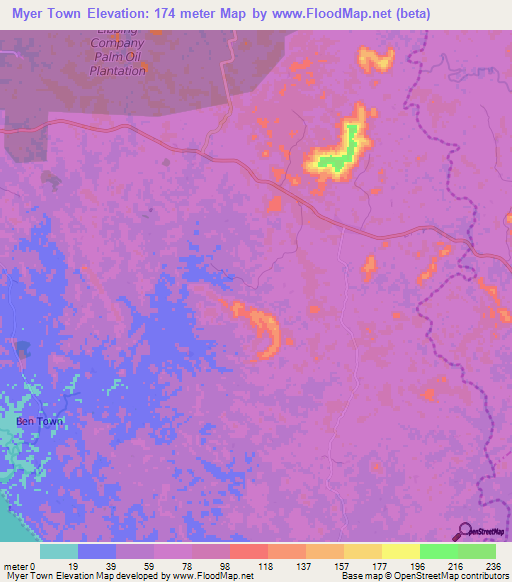 Myer Town,Liberia Elevation Map