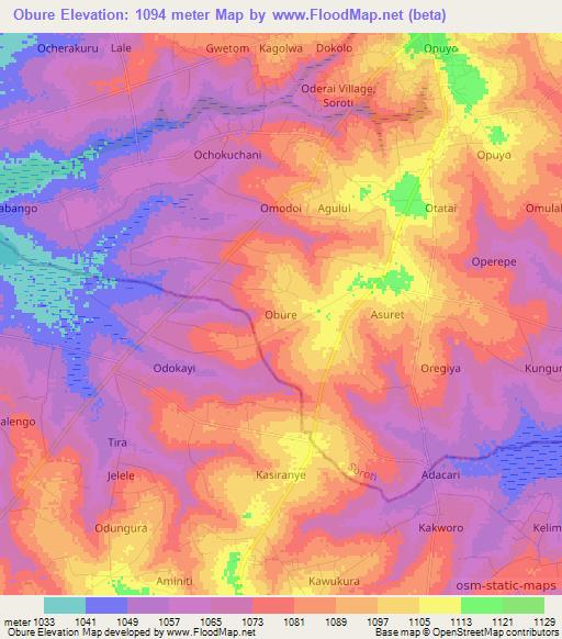 Obure,Uganda Elevation Map