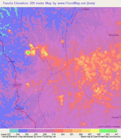 Yanzia,Liberia Elevation Map