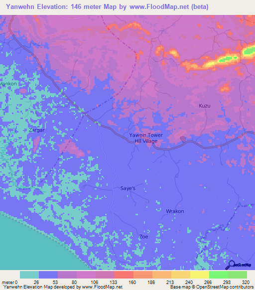 Yanwehn,Liberia Elevation Map