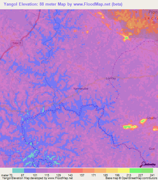 Yangol,Liberia Elevation Map
