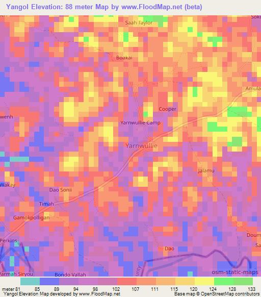 Yangol,Liberia Elevation Map