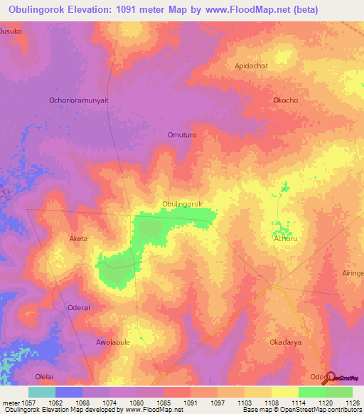 Obulingorok,Uganda Elevation Map