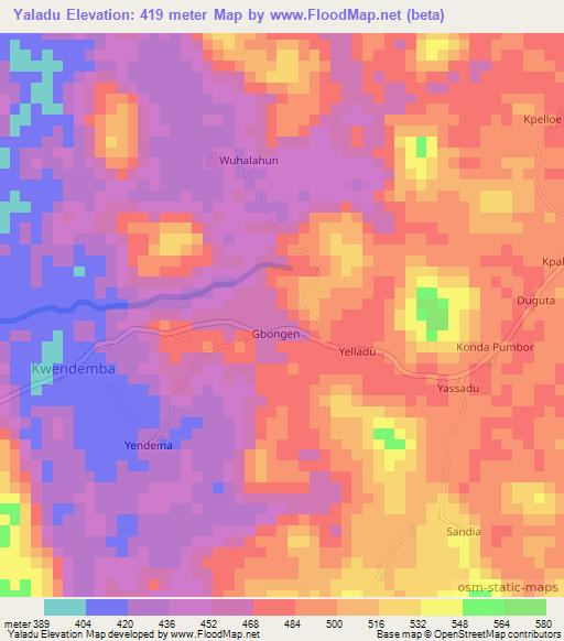 Yaladu,Liberia Elevation Map