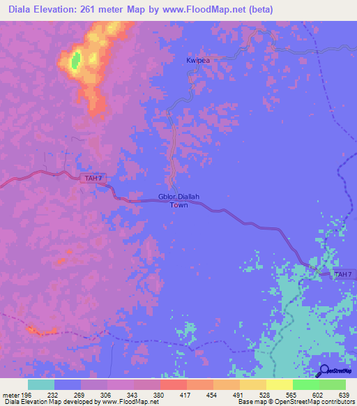 Diala,Liberia Elevation Map