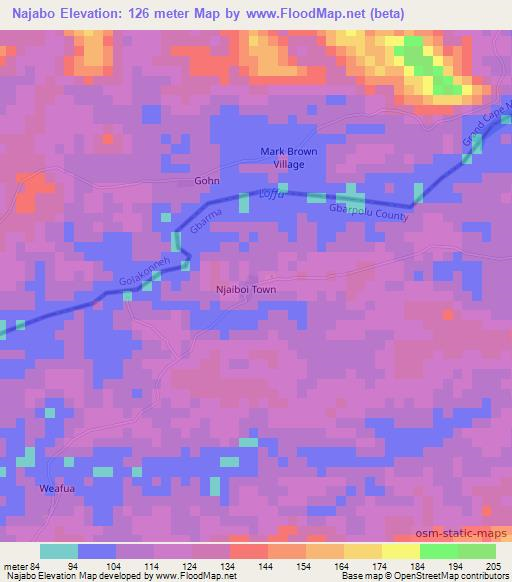 Najabo,Liberia Elevation Map