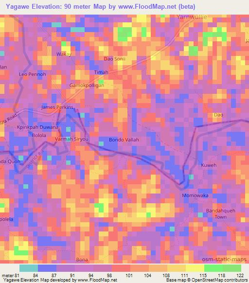Yagawe,Liberia Elevation Map