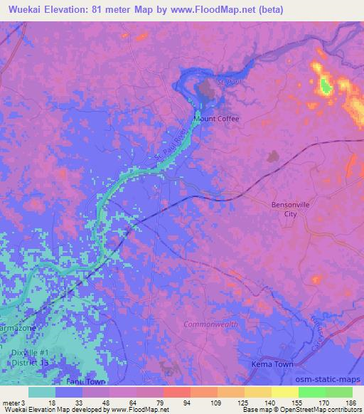 Wuekai,Liberia Elevation Map