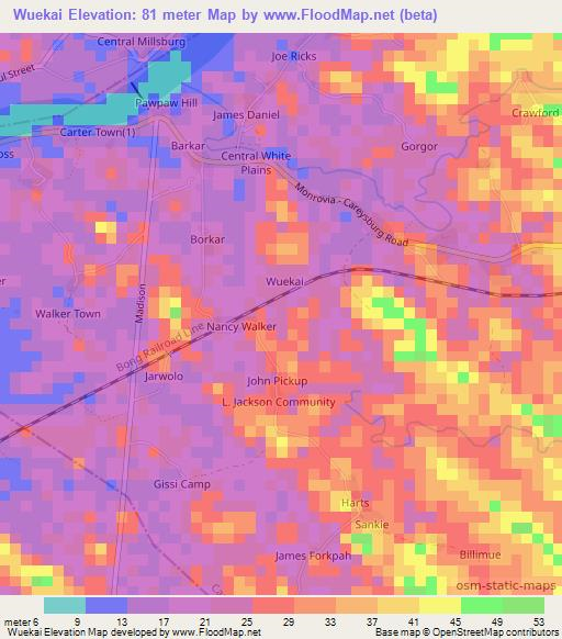 Wuekai,Liberia Elevation Map