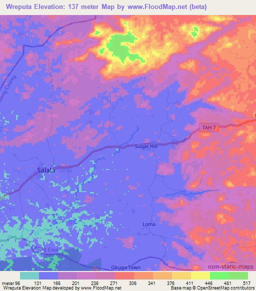 Wreputa,Liberia Elevation Map