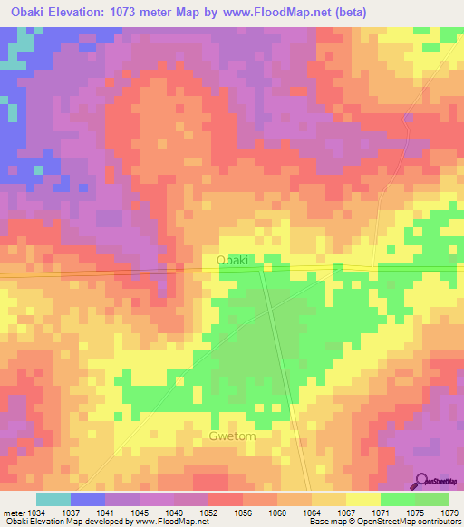 Obaki,Uganda Elevation Map