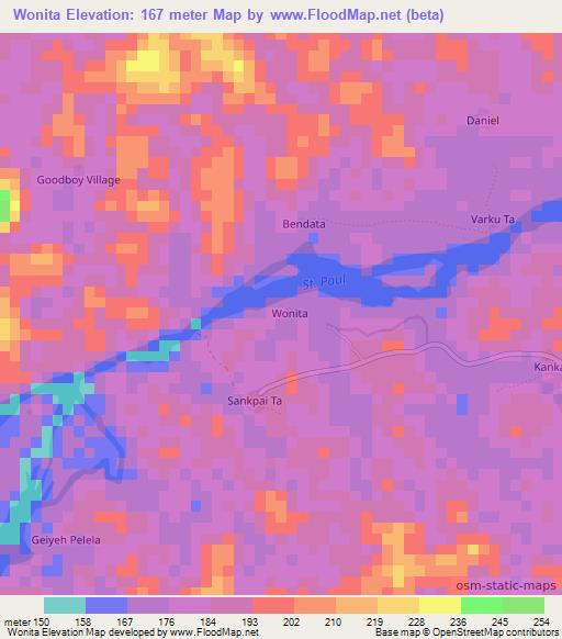 Wonita,Liberia Elevation Map