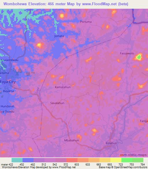 Wombohewa,Liberia Elevation Map