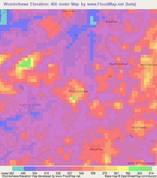 Wombohewa,Liberia Elevation Map