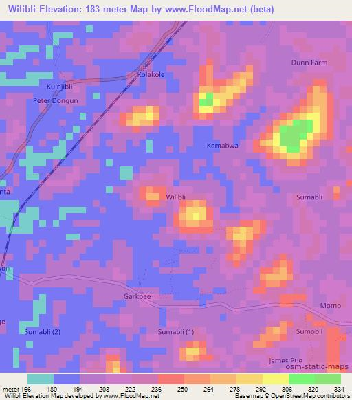 Wilibli,Liberia Elevation Map
