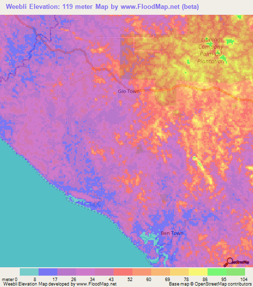 Weebli,Liberia Elevation Map