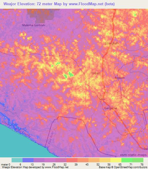 Weajor,Liberia Elevation Map