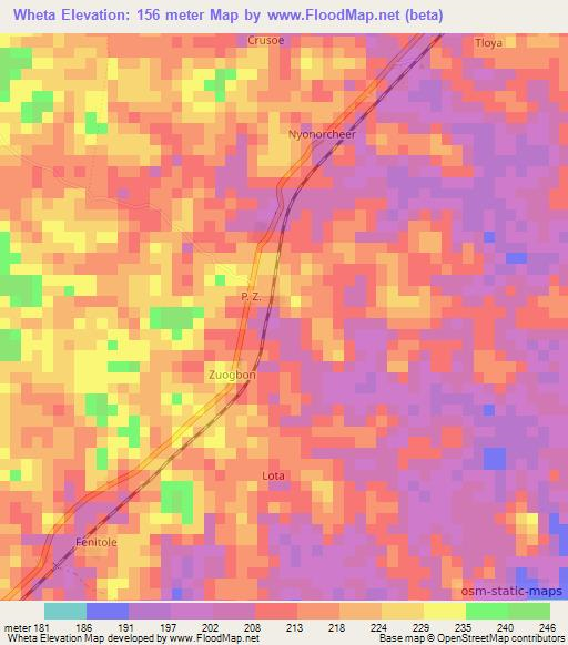 Wheta,Liberia Elevation Map