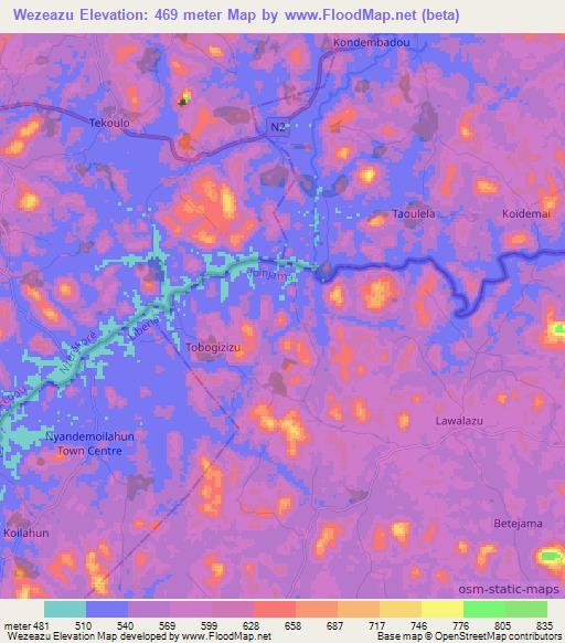 Wezeazu,Liberia Elevation Map